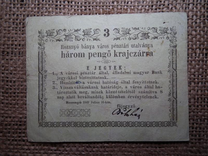 Rozsnyó 3 pengő krajcárra, 1849, főjegyző aláírás