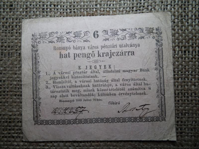 Rozsnyó 6 pengő krajcár bankjegy, 1849