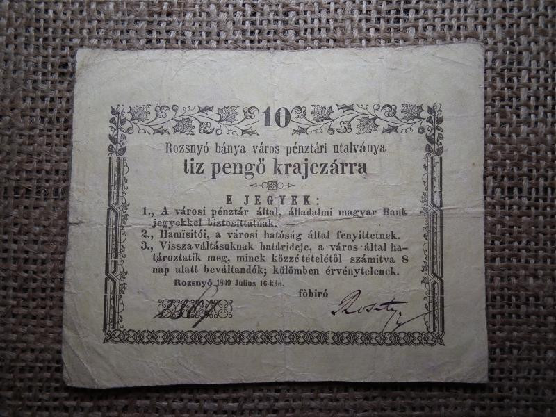 Rozsnyó 10 pengő krajczárra, 1849, szükségpénz