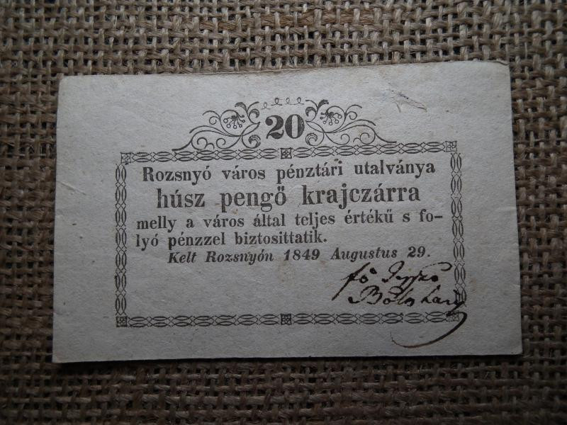 Rozsnyó 20 pengő krajczárra, 1849, szükségpénz