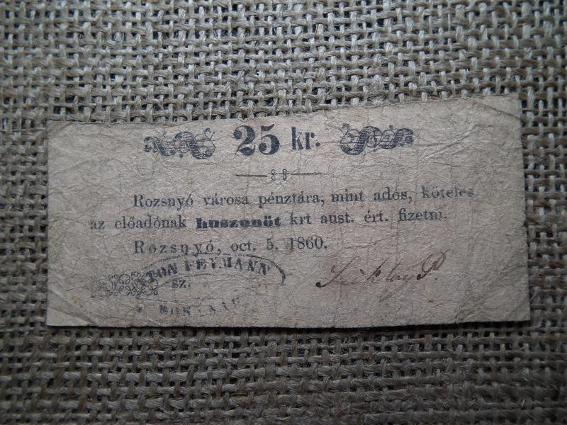 Rozsnyó 25 Krajcár Papírpénz, 1860