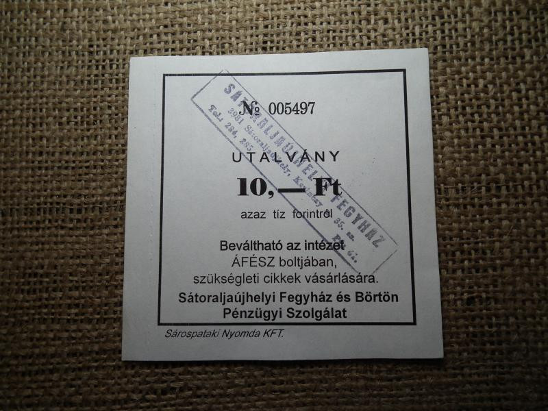 Sátoraljaújhelyi Fegyház Utalvány, 10 forint, ÁFÉSZ