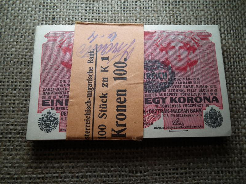 1 korona bankjegy, 1916, DÖ, teljes köteg, sorszámkövető