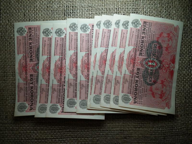 1 korona bankjegy, 1916, DÖ, 10 db, hajtatlan