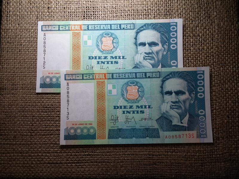 Peru 10000 Intis, 1988, 2 db hajtatlan, sorszámkövető