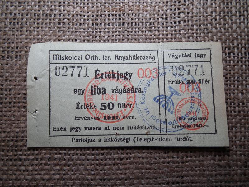Miskolci Ortodox Izraelita Hitközség 50 fillér, 1941, pecsételt
