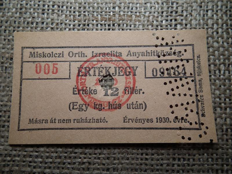 Miskolci Ortodox Izraelita Anyahitközség, 1930, 1 kg hús, 12 fillér