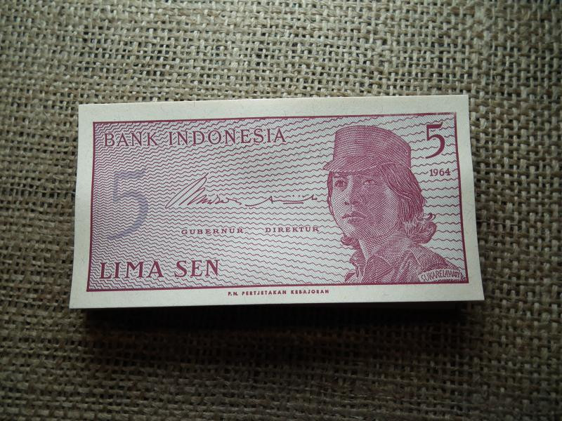 Indonézia 5 sen bankjegy, 1964, Lima, hajtatlan