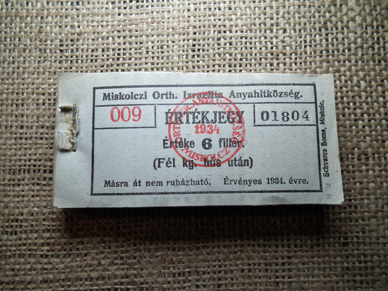 Miskolc , Miskolczi Ortodox Izraelita Anyahitközség ! Értékjegy 6 fillér 1934 , 1/2 kg hús , Orth. ! Ritka köteg ! 97 db sorszámkövető !