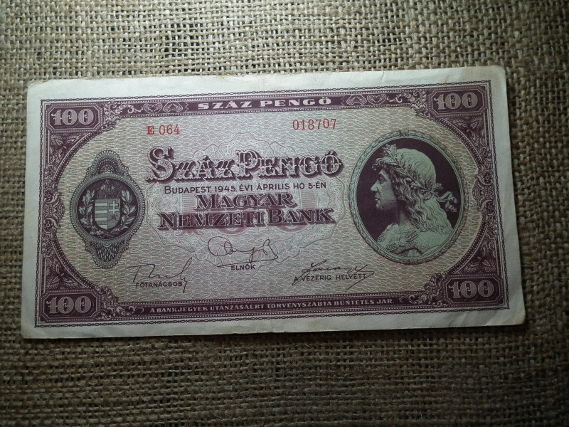 100 pengő 1945 , ritka makkos vízjeles 