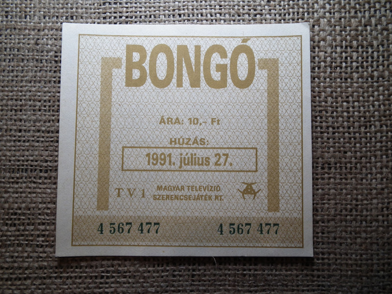 Bongó sorsjegy 1991 , 10 forint , TV1 Magyar Televízió Szerencsejáték Rt. 