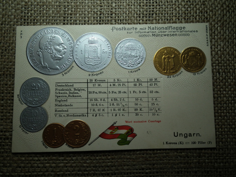 Ausztria - Magyarország érmék dombornyomott pénzes levelezőlap ! Korona rendszer ! Ritka