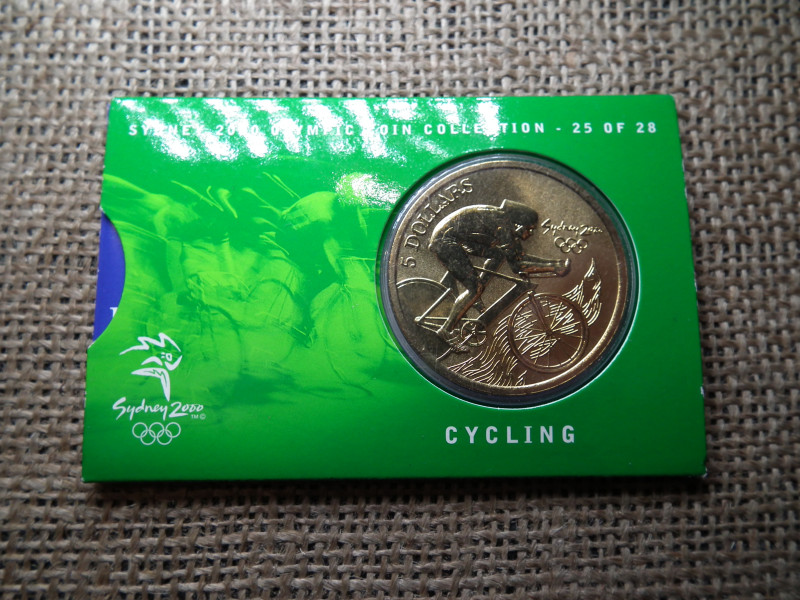 Ausztrália emlék 5 dollár 2000 , Sydney olimpia ! kerékpározás , dollars , tokos 