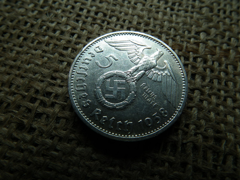 Birodalmi , ezüst 5 márka 1938 F  , Horogkeresztes 