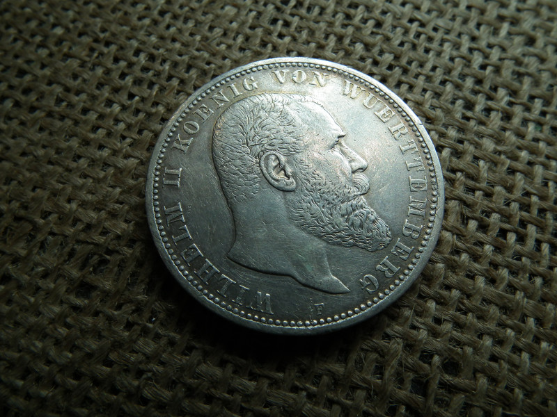 Ezüst 5 márka 1907 F , Württembergi Királyság , II. Vilmos , Mark 