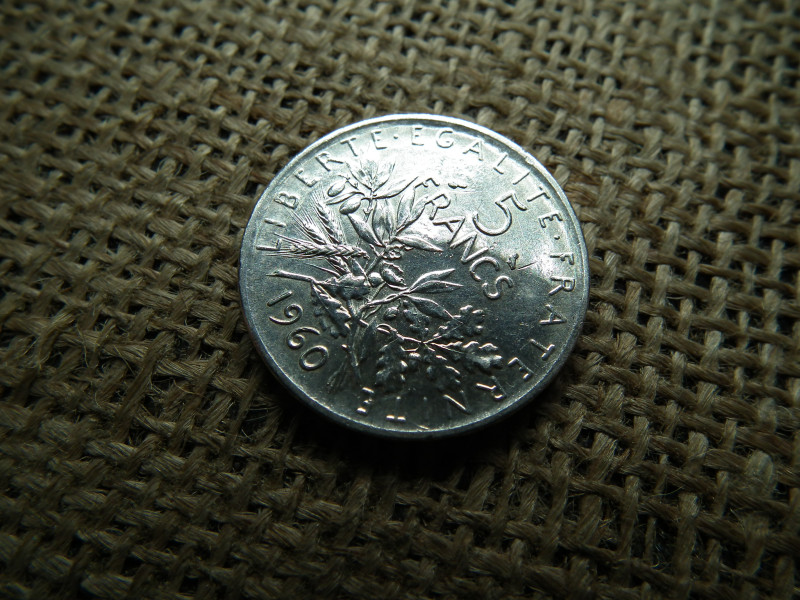 Franciaország , ezüst 5 frank 1960 , francs 