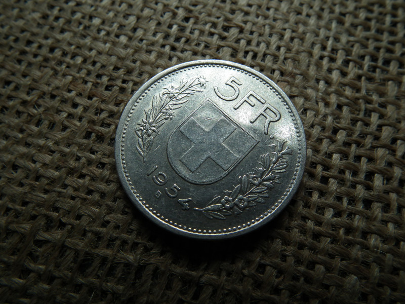 Svájc , ezüst 5 frank 1954 , francs 