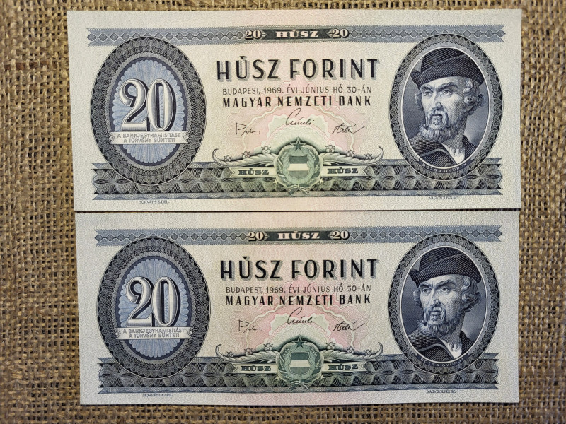 20 forint 1969 , 2 db sorszámkövető , hajtatlan , ívből lett kivágva  , 001 sorozat , alacsony 