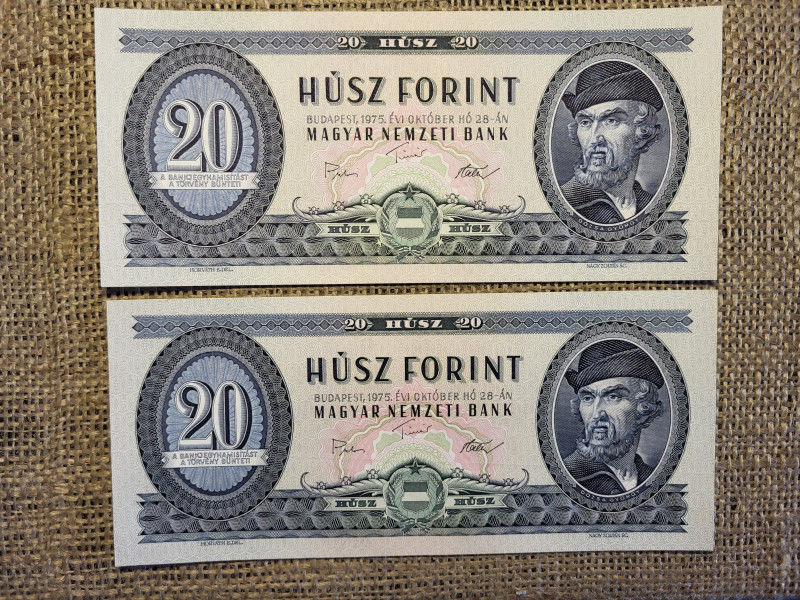 20 forint 1975 , 2 db sorszámközeli , hajtatlan pár , alacsonyabb sorszám 