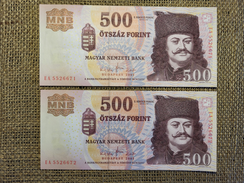 500 forint 2007 EA UNC , 2 db sorszámkövető 