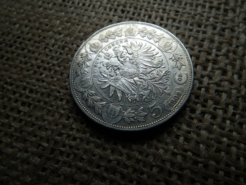 Ezüst 5 corona 1909 , korona , schwartz fej 