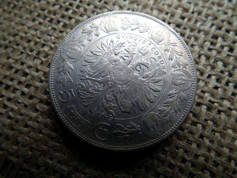 Ezüst 5 corona 1909 , korona , schwartz fej 
