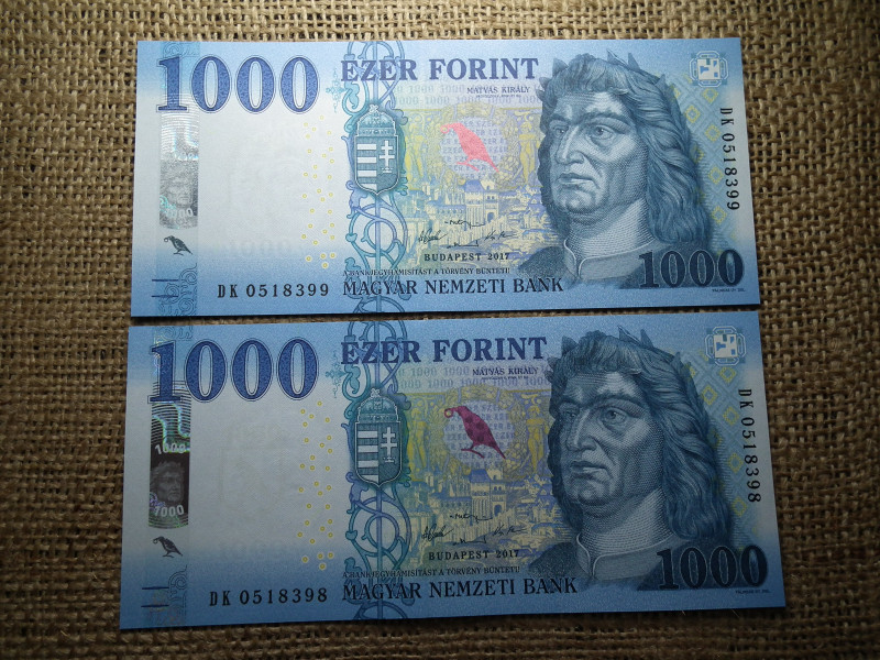 1000 forint 2017 DK , 2 db sorszámkövető  , UNC