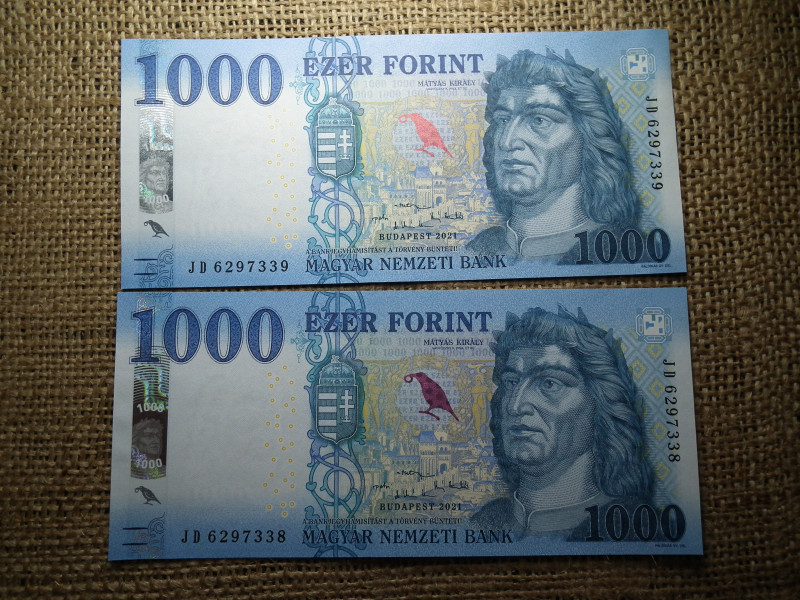 1000 forint 2021 JD , 2 db sorszámkövető  , UNC