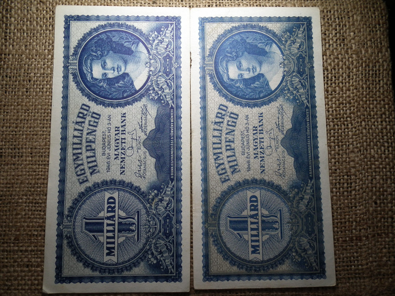 Egymilliárd Milpengő 1946 , ritka , barna alapnyomat ! + egy normál ! 2db