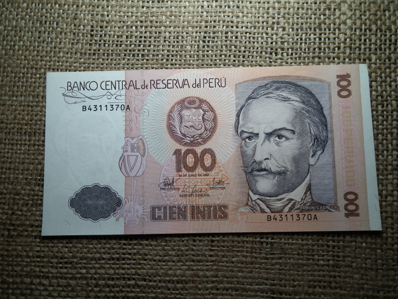 Peru 100 intis 1987 XF- aUNC , B1