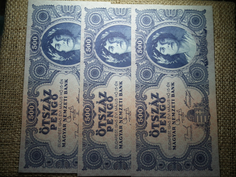 500 pengő 1945 , 3 db hajtatlan sorszámkövető 