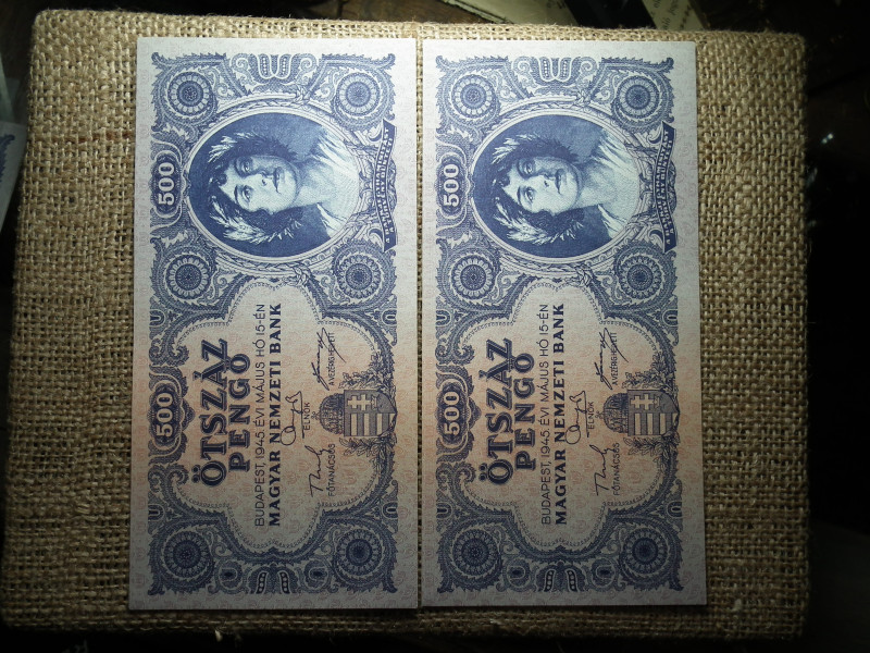 500 pengő 1945 , 2 db hajtatlan sorszámkövető 