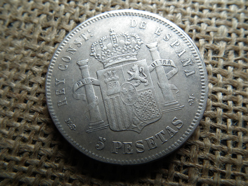 Spanyolország ezüst 5 pesetas 1894 Alfonso XIII 2. portré , reszelt portré oldal 
