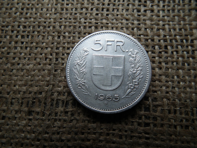Svájc , ezüst 5 frank 1965 B , francs 