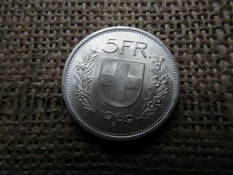 Svájc , ezüst 5 frank 1969 B , francs 