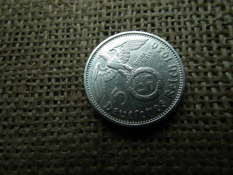 Birodalmi ezüst 5 márka 1936 D , Nagy sasos - horogkeresztes 