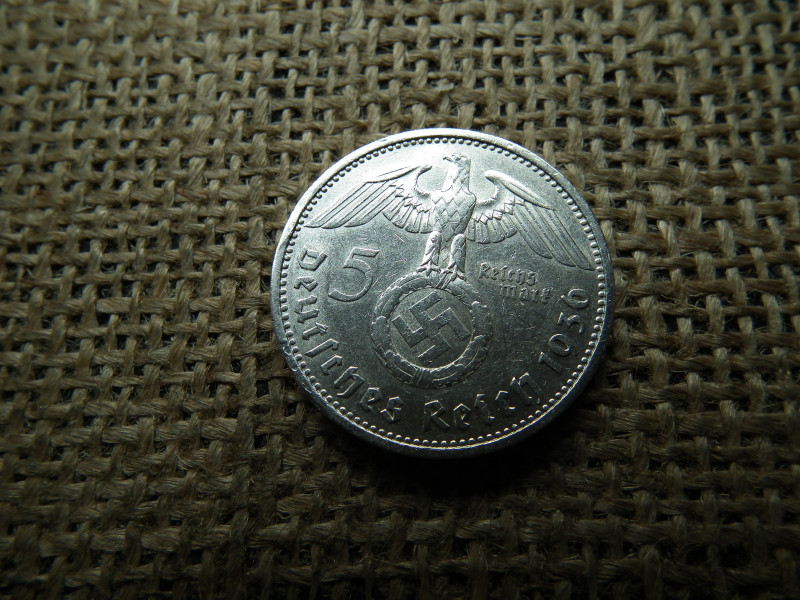 Birodalmi ezüst 5 márka 1936 F , Nagy sasos - horogkeresztes