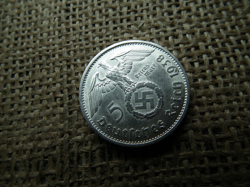 Birodalmi ezüst 5 márka 1938 A , Nagy sasos - horogkeresztes