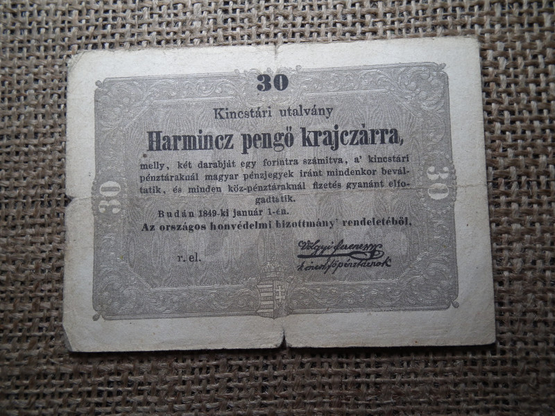 Kossuth 30 Pengő Krajcár 1849
