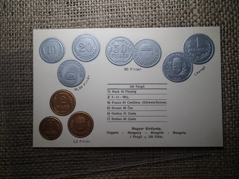 Magyarország érmék dombornyomott pénzes levelezőlap ! Pengő rendszer ! Nagyon ritka !