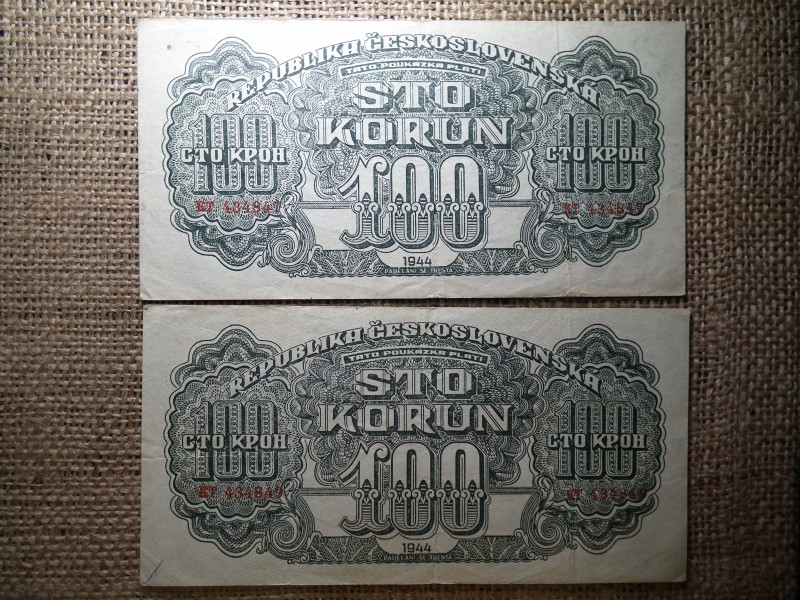 Csehszlovákia 100 korun 1944 , korona , vörös hadsereg , 2 db sorszámközeli ! 