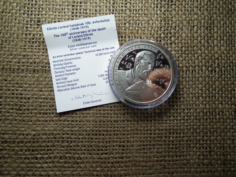 Eötvös Lóránd halálának 100. évf. .ezüst 10000 Forint 2019 BP PP +certi , D