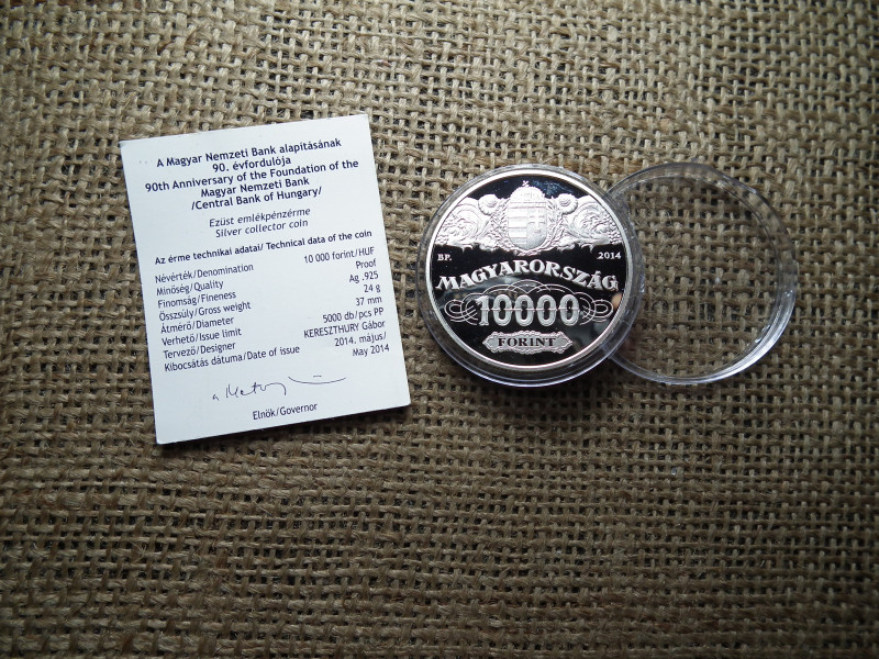 Ezüst 10000 forint 2014 PP - Az MNB alapításának 90. évfordulójára + certi , D