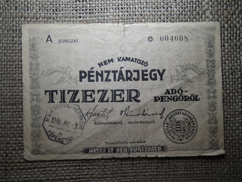 Tízezer nem kamatozó Pénztárjegy 1946 , 10000 adópengő
