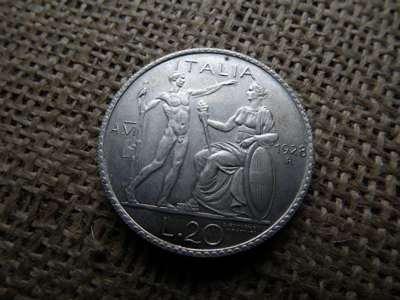 Olaszország 20 lire 1928  ,líra , III. Viktor Emánuel , utánveret , elvileg ezüst 