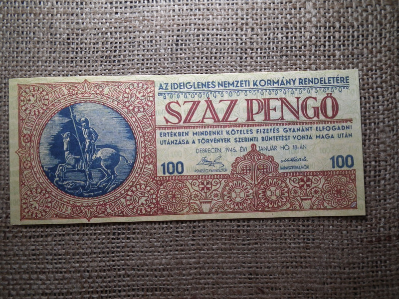 100 pengő 1945 , Debrecen , ideiglenes kormány , Nyomdai ofszet nyomás , nagyon jó minőségű másolat  