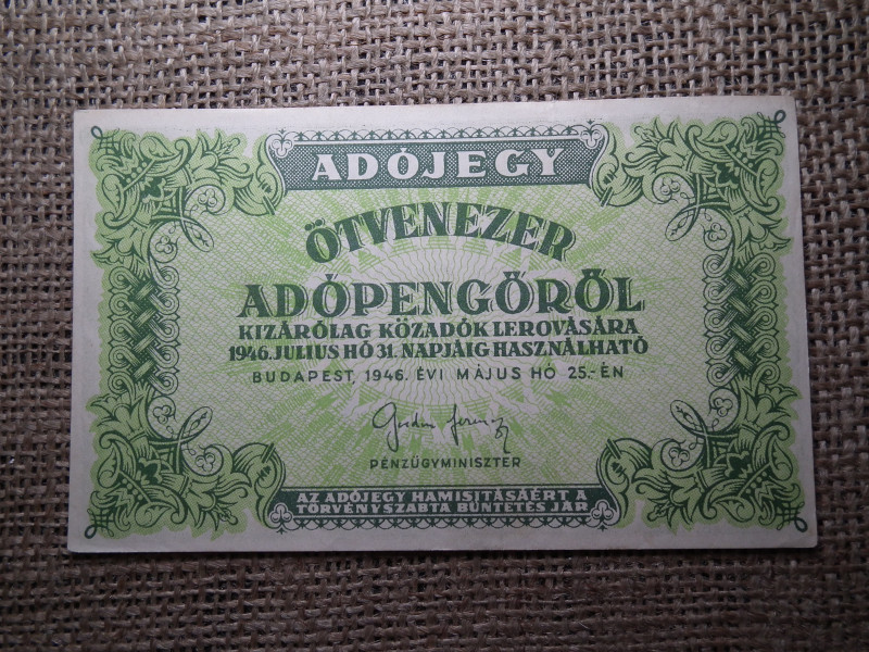 Ötvenezer adópengő 1946 , vízjel nélküli