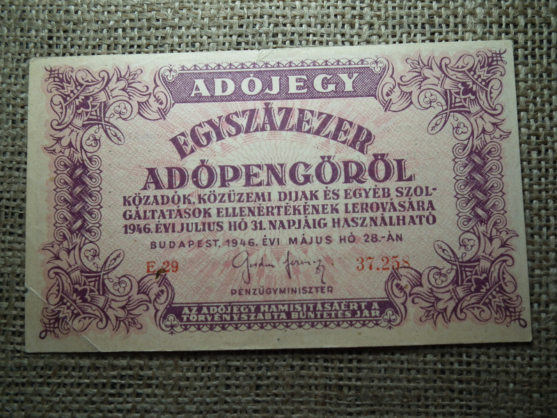Százezer adópengő 1946 , vízjeles , sorszámos  ! 