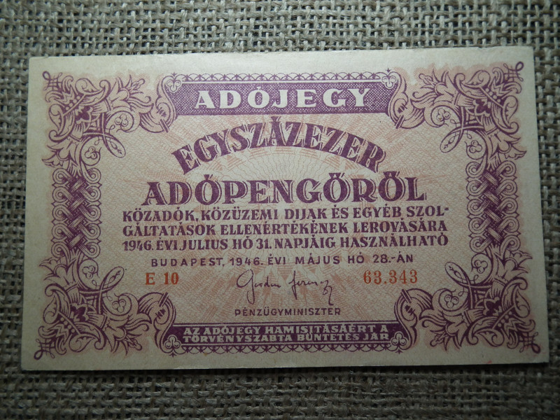 Százezer adópengő 1946 , vízjeles , sorszámos  ! 