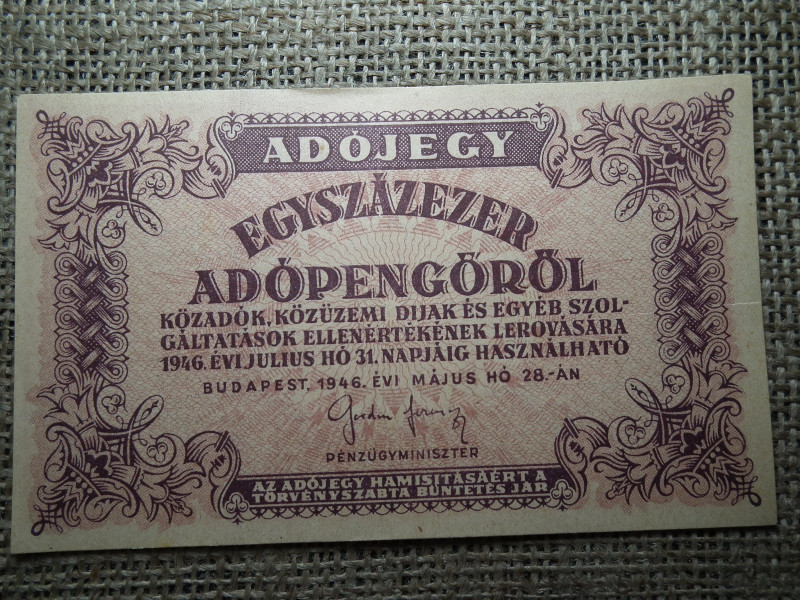 Százezer adópengő 1946 , vízjeles , sorszám nélkül ! 